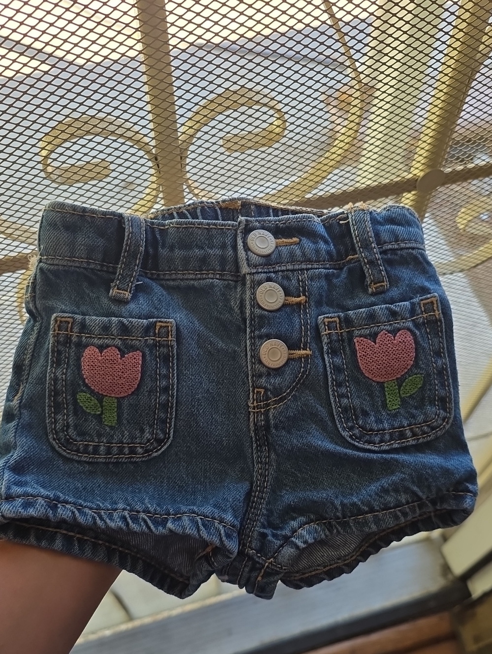 Old Navy Blue Denim Shorts with Pink Tulip Pockets